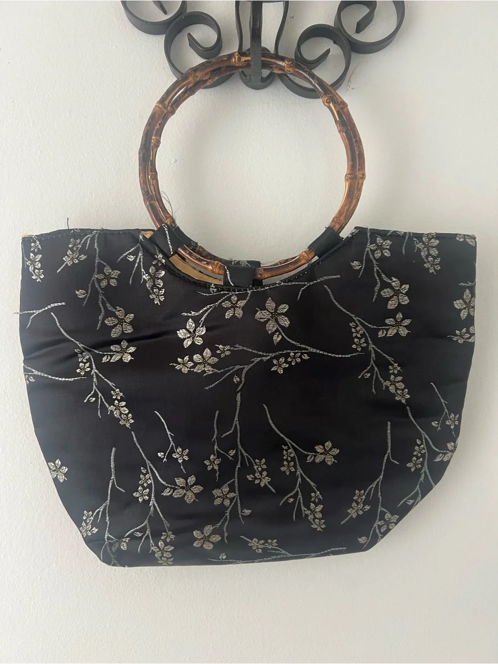Elegant Black Floral Satin Bamboo-Handle Tote
